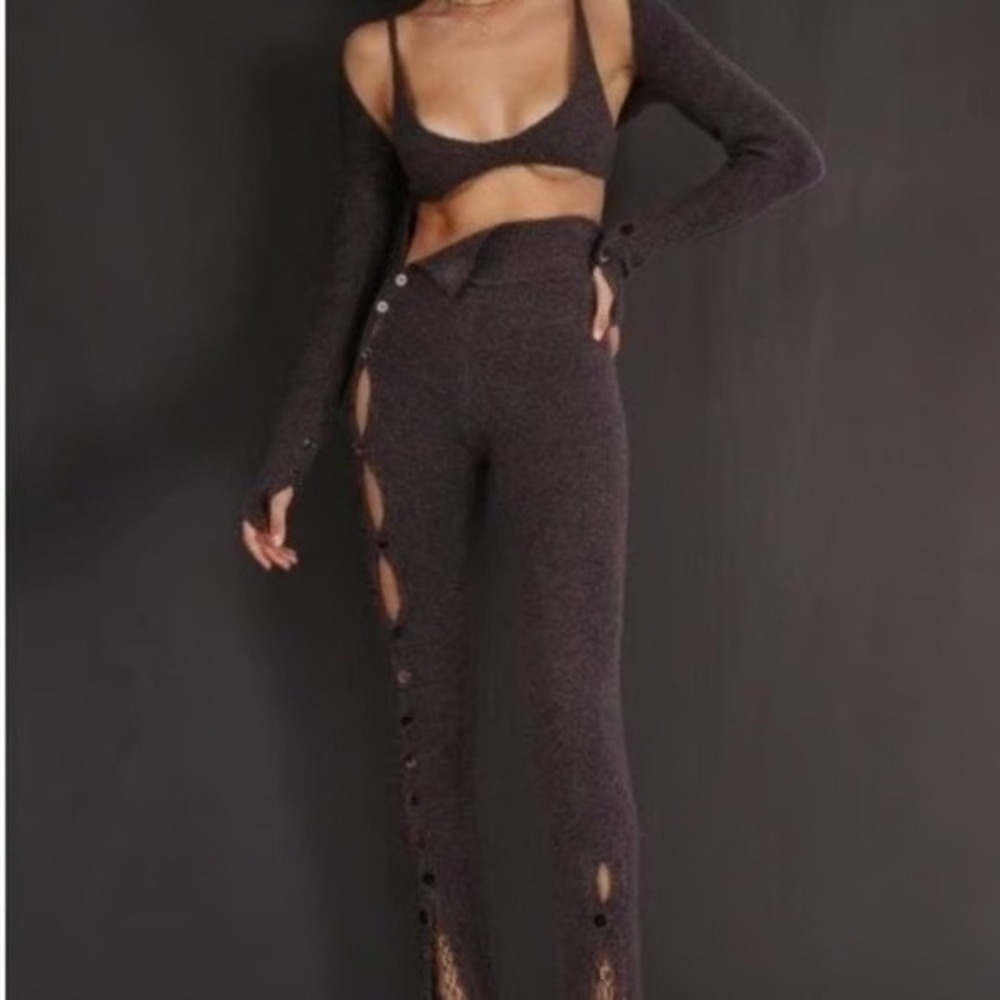 RUVE Charcoal Brown Knit 2 Piece Matching Set Bralette Side Cutout Leggings S